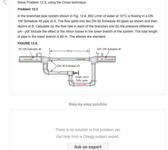 Solve Problem 12.3, using the Cross technique. Problem 12.3 In the branched pipe system shown in Fig. 12.8, 850 /min of water
