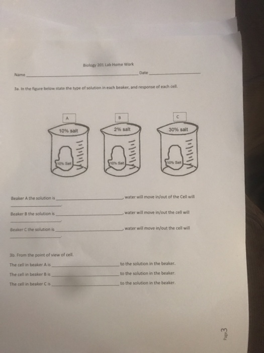 Biology 201 Lab Home Work Date 3a in the fore below state the type of solution in each beaker, and response of each cell. 10% salt 2% salt 30% salt 0% 10% Sat 10% Sa water will move in/out of the Cell will Beaker A the solution is Beaker B the solution is , water will move in/out the cell will Beaker C the solution is water will move in/out the cell wil 3b From the point of view of cell. The cell in beaker A is The cell in beaker B is The cell in beaker Cs to the solution in the beaker to the solution in the beaker to the solution in the beaker