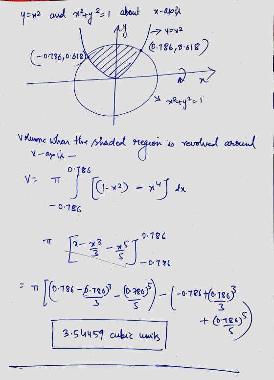 and y=22 n-axil x² + y 2 = 1 about ty -> Y=12 0.186,0-618) (-0.786,0618 27 T x+y2=1 volume when the shaded x-axis - is revolv