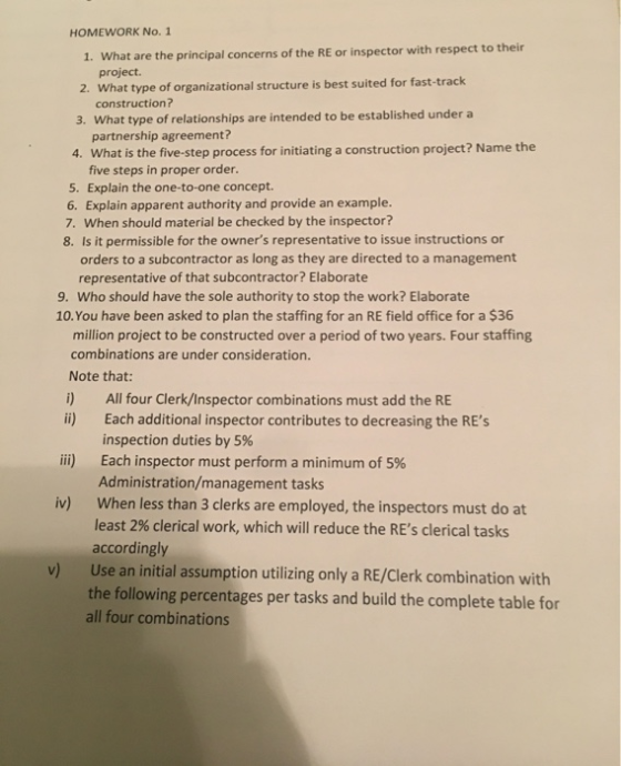 HOMEWORK No. 1 1. What are the principal concerns of the RE or inspector with respect to their project. 2. What type of organ