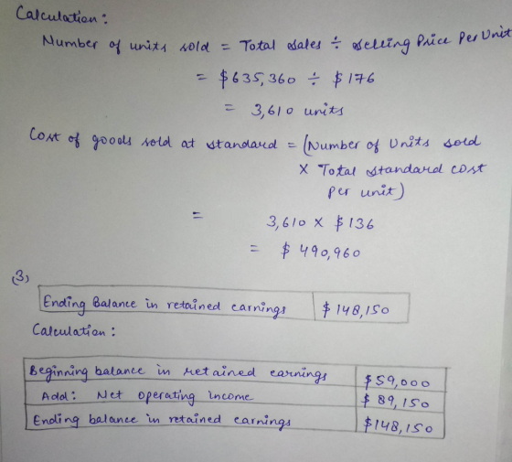 Calculation? Mumber of units sold = Total sales & selling Price pero - $635,360 – $176 - 3,610 units Cost of goods sold at st