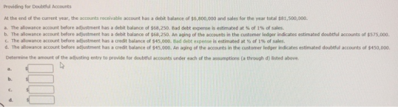 Providing for Doubtful Accounts At the end of the current year, the accounts receivable account has a debit balance of $6,800