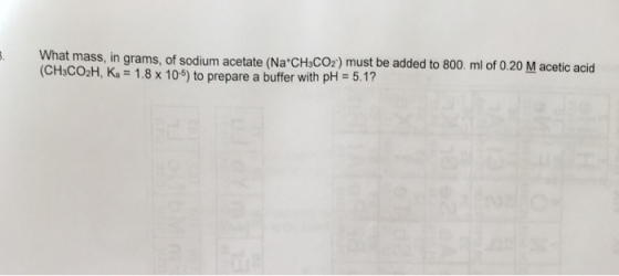 What mass, in grams, of (CHsCOaH, Ka 1.8x 105) to prepare a buffer sodium acetate N a+???? must be added to 800 ml of 0.20 M acetic acid with pH 5.1?