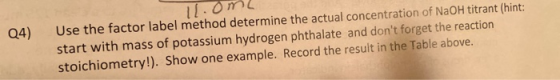 Use the factor label method determine the actual concentration of NaOH titrant (hint: start with mass of potassium hydrogen p