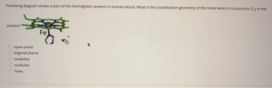 Following diagram shows a part of the hemoglobin present in human blood. What is the coordination geometry of the metal when