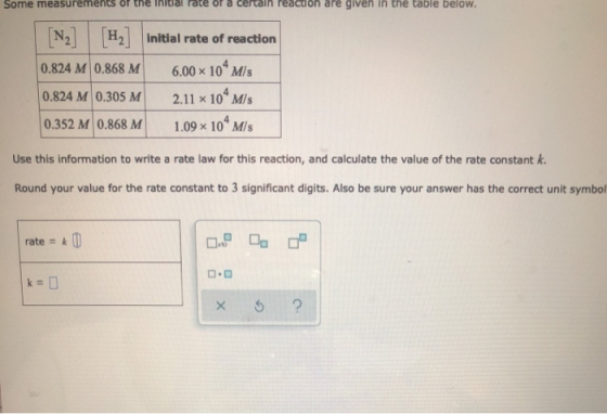 Some measurements of the Initial rate of a certain reacuon are given in the table below. H2 Initial rate of reaction 0.824 M