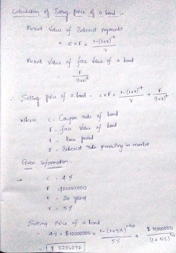 Calculation 하 selling price resent Valus un- of- ta ce value a bond (145) ヒ. +3 aCe aca Valus of Lond time peiod o deest ats relailing im market ve infomakin p 呠10000000 で Sting peia of a nd to 5% $ 8284077