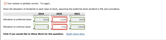 Your answer is partially correct. Try again. Show the allocation of dividends to each class of stock, assuming the preferred