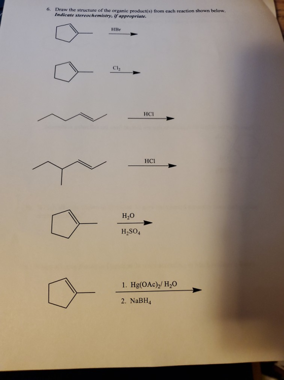 6. Draw the structure of the organic product(s) from each reaction shown below. Indicate stereochemistry, if appropriate. HBr