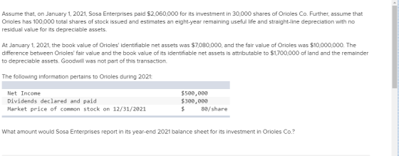 Assume that, on January 1, 2021, Sosa Enterprises paid $2,060,000 for its investment in 30,000 shares of Orioles Co. Further,