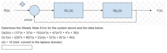 51 R(s) Gc, (s) Gp (S) Y(s) Determine the Steady State Error for the system above and the data below Gp2(s) (12(s +3) (s+10)/