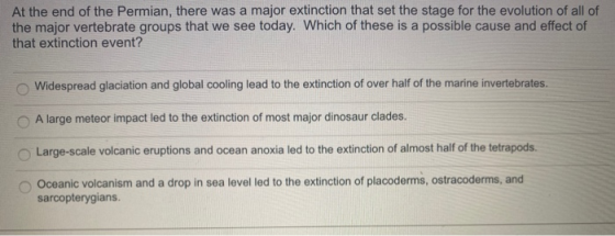 At the end of the Permian, there was a major extinction that set the stage for the evolution of all of the major vertebrate g