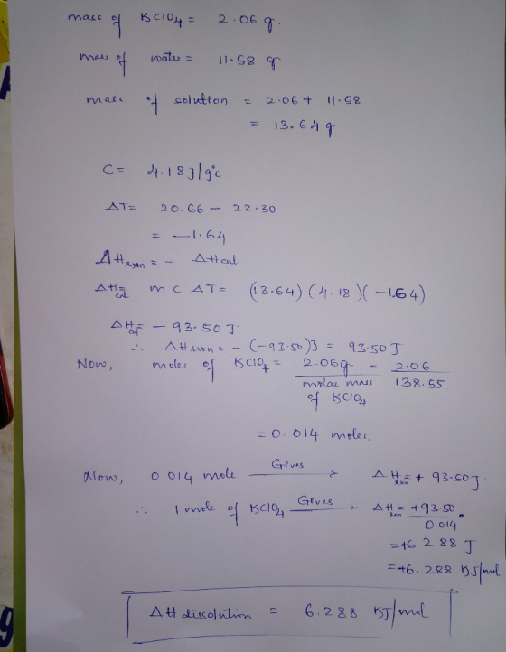 mass of KCIO4 = 2.068. mass of water = 11.58 g mase solution = 2.06t 11.58 = 13.64g C= 4.18319c AT= 20.66 - 22.30 = -1.64 Ate