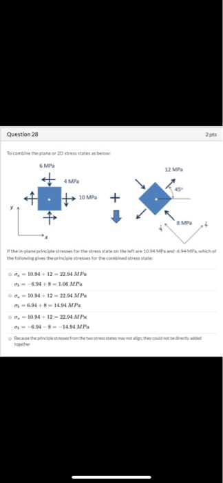 Question 28 To combine the plane or 20 stress states as below. 6 MPa 12 MP 4 MPa 10 MPa + 8 MPa if the in-plane principle str