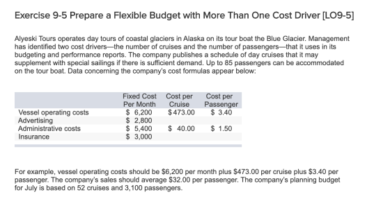 Exercise 9-5 Prepare a Flexible Budget with More Than One Cost Driver [LO9-5] Alyeski Tours operates day tours of coastal gla