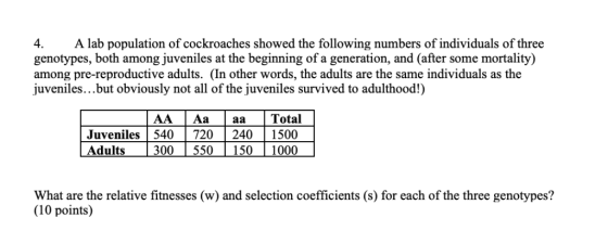 4 A lab population of cockroaches showed the following numbers of individuals of three genotypes, both among juveniles at the