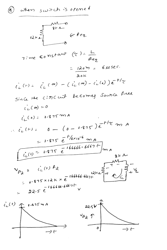 ® when switch is opened mo Grea Time constant Req = 12om = busec. aok (-) = (*)-((o)-(20) e the since the circuit becomes sou