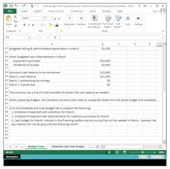 X 5 ? X = Cash Budget with Supporting Cash Collections and Disbursements Schedules - Excel INSERT PAGE LAYOUT FORMULAS DATA R