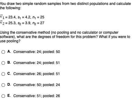 You draw two simple random samples from two distinct populations and calculate the following: X1-23.4, s,-4.2, n,-25 2-25.3,