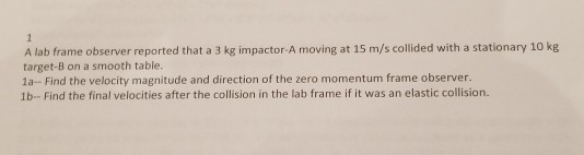 A lab frame observer reported that a 3 kg impactor-A moving at 15 m/s collided with a stationary 10 kg target-B on a smooth table. 1a- Find the velocity magnitude and direction of the zero momentum frame observer. 1b- Find the final velocities after the collision in the lab frame if it was an elastic collision.