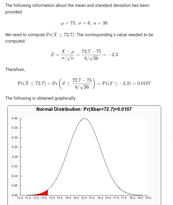 The following information about the mean and standard deviation has been provided: M = 75, o = - 6, n= 36 We need to compute