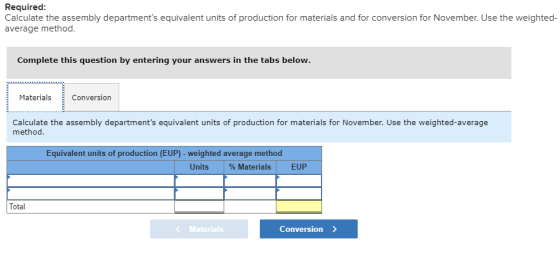 Required: Calculate the assembly departments equivalent units of production for materials and for conversion for November. U
