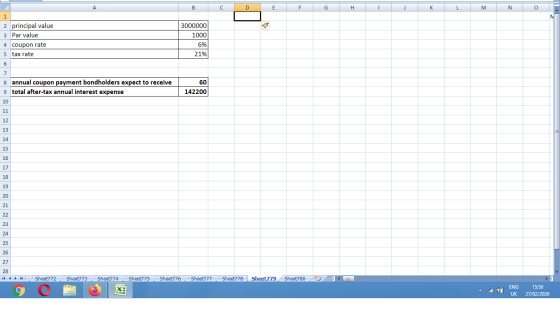 B C F G H I J K L M N O 1 2 principal value 3 Par value 4 coupon rate 5 tax rate 6 3000000 1000 6% 21% 8 annual coupon paymen