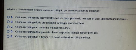 What is a disadvantage to using online recruiting to generate responses to openings? O A. Online recruiting may inadvertently
