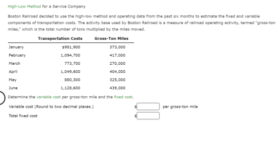 High-Low Method for a Service Company Boston Railroad decided to use the high-low method and operating data from the past six