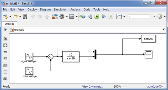 untitled1 - Simulink File Edit View Display Diagram Simulation Analysis Code Tools Help untitled1 euntitled1 simout 10 S+10 s