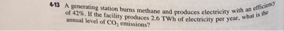 4-13 A generating station burns methane and produces electricity w with an efficiency of 42%. If the facility produces 2.6 TWh of electricity per year. annual level of CO2 emissions?