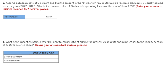 3. Assume a discount rate of 6 percent and that the amount in the “thereafter” row in Starbuckss footnote disclosure is equa