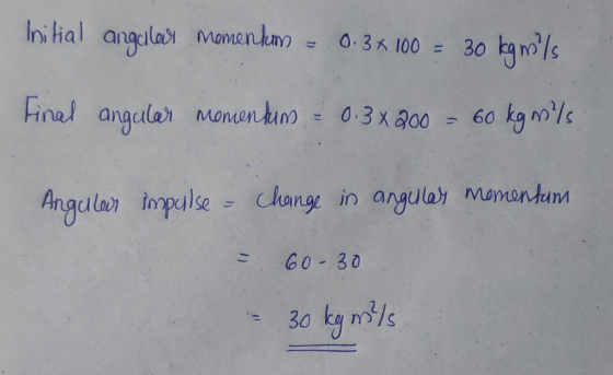 Initial angelast momenko - 0.3 x 100 = 30 kg myls Final angular momentum = 0.3x200 - 60 kg mols Angular impulse Change in an