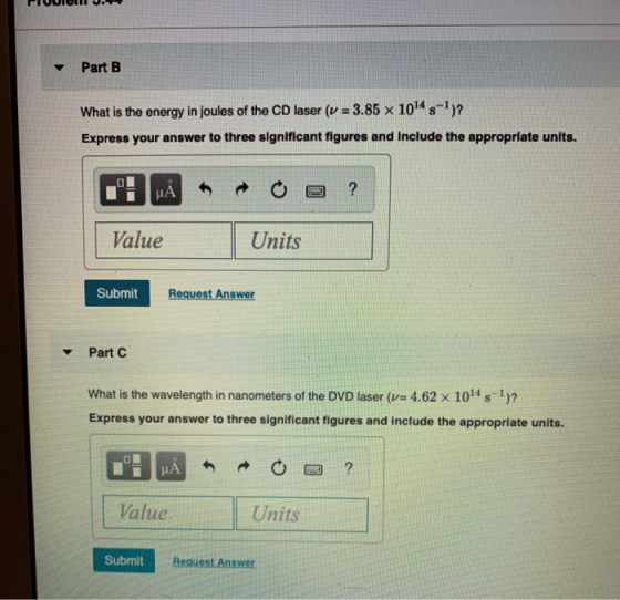 FIUDICIU. Part B What is the energy in joules of the CD laser (v = 3.85 x 1014 -)? Express your answer to three significant f