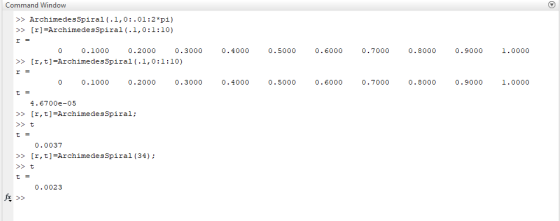 Command Window >> ArchimedesSpiral(.1,0:.01:2*pi) >> [r]=ArchimedesSpiral(.1,0:1:10) 0.4000 0.5000 0.6000 0.7000 0.8000 0.900