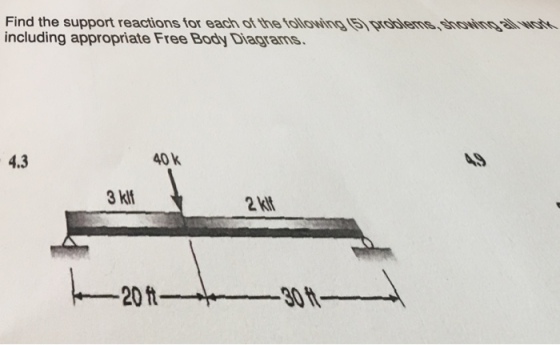Find the support reactions for each of the folloving I including appropriate Free Body Diagrams prddlens,Sroxin atl Ma 4.3 40K 4S 3 klf 2 kit 2030t