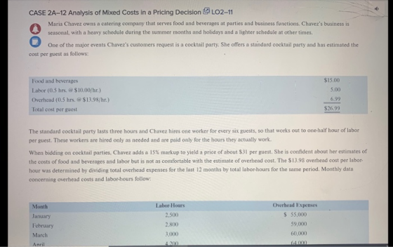 CASE 2A-12 Analysis of Mixed Costs in a Pricing Decision 02-11 Maria Chavez owns a catering company that serves food and beve