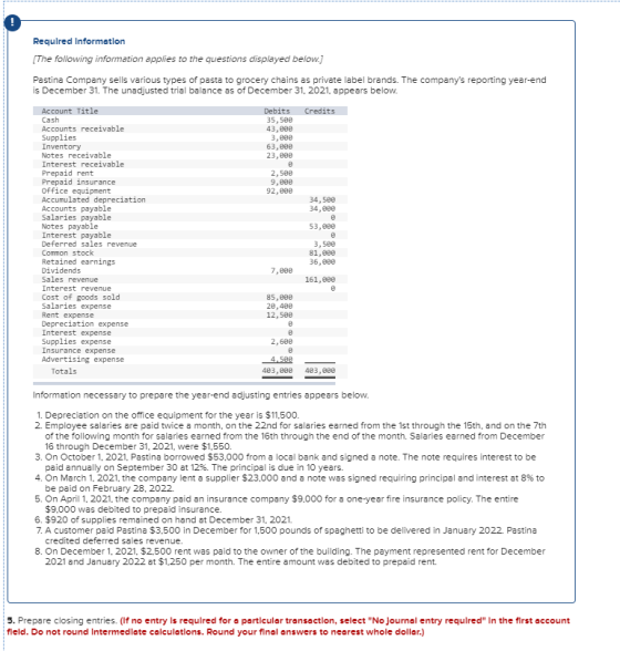 Required Information [The following information applies to the questions displayed below.] Pastina Company sells various type