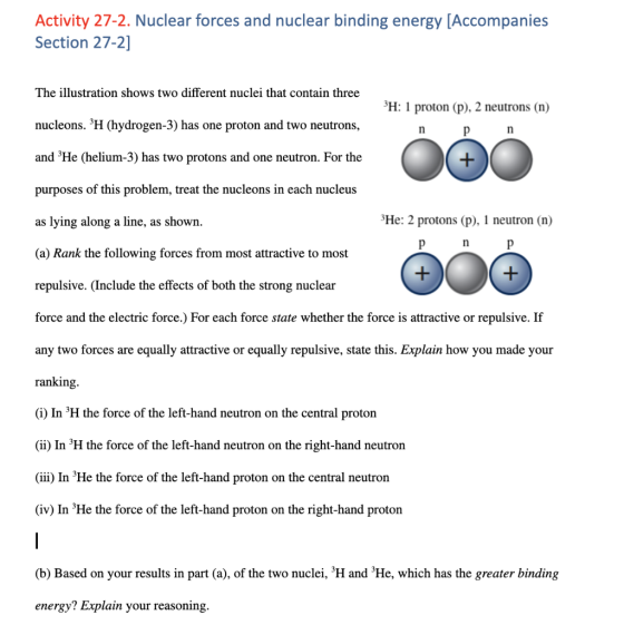 Activity 27-2. Nuclear forces and nuclear binding energy [Accompanies Section 27-2] The illustration shows two different nucl