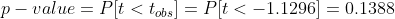 p-value=P[t<t_{obs}]=P[t<-1.1296]=0.1388