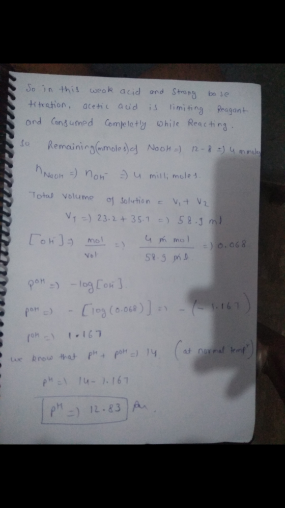 So in this weak acid and strong bose titration, acetic acid is limiting is limiting Reagant and consumed Compeletly while Rea