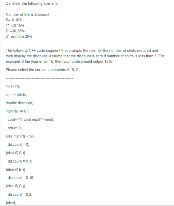 Consider the following scenario Number of Shirts Discount 5-10 10% 11-20 15% 21-30 20% 31 or more 25% The following C++ code