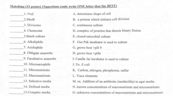 Matching (15 points) 15questions (only write ONE letter that fits BEST) 1. FtsZ 2.MreB 3. Divisome 4. Chemostat 5.Batch cultu