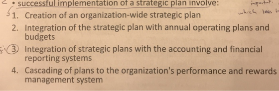 of a strategic plan involve successful implementation 1. Creation of an organization-wide strategic plan 2. Integration of the strategic plan with annual operating plans and budgets gi③ Integration of strategic plans with the accounting and financial reporting systems Cascading of plans to the organizations performance and rewards management system 4.