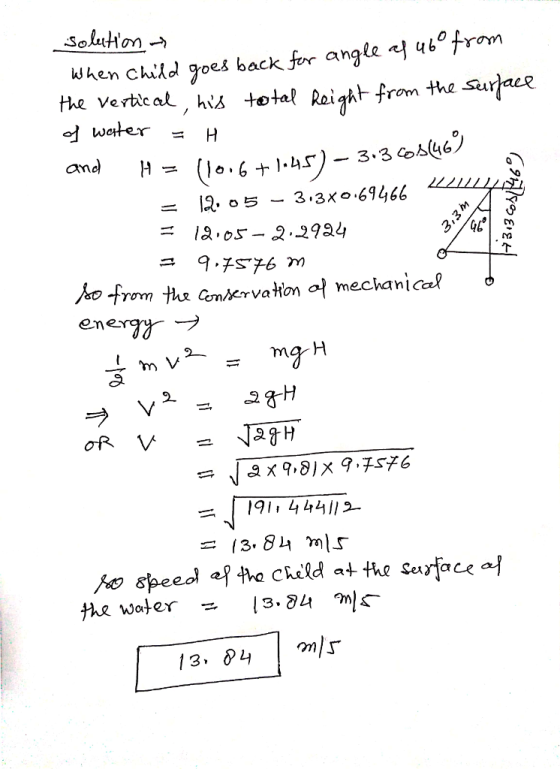 uhen Child goes back for angle uttrom the verticaL , his totel Raight from the sur aeR ช่ water am ニ 12- らー3.3xo,69466 rYM ener r → 19444 № speed af Child at tuQ surfaceof