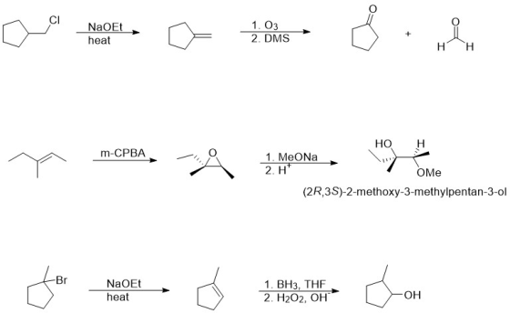 Quaderne a NaOEt heat to 1. 03 2. DMS . CH m-CPBA A HOH 1. Me ONA 2. H+ оме (2R,3S)-2-methoxy-3-methylpentan-3-ol for mogu Br