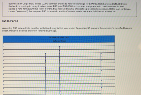 Business Sim Corp. (BSC) issued 2,000 common shares to Kelly In exchange for $27,000. BSC borrowed $48.000 from the bank, pro