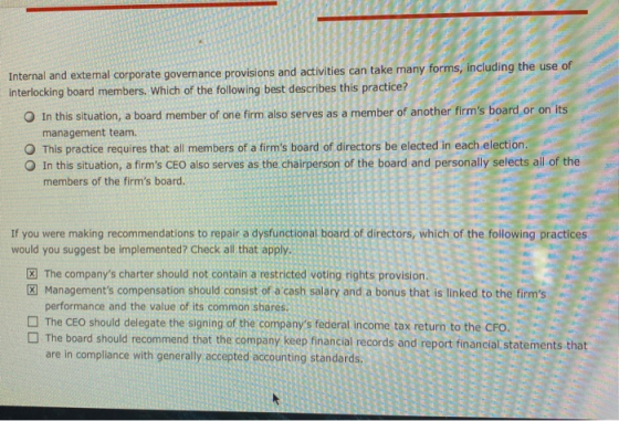 Internal and external corporate governance provisions and activities can take many forms, including the use of interlocking b