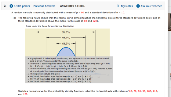 2. + 0.33/1 points Previous Answers ASWESBE9 6.E.009. My Notes + Ask Your Teacher A random variable is normally distributed w