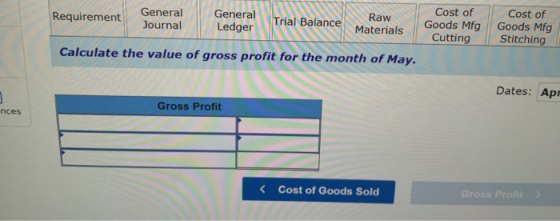 General Requirement General Journal Trial Balance Raw Cost of Cost of Goods Mfg Goods Mfg Cutting Stitching ed9 Materials Cal